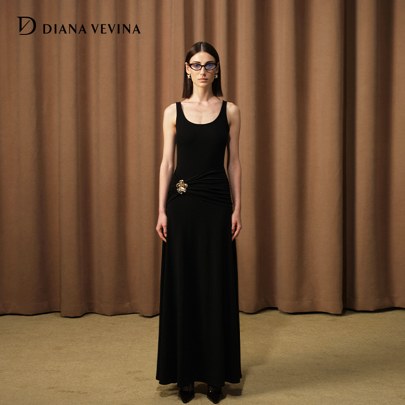 【马苏同款】DIANA VEVINA秋季新款金色花朵背心裙女长款连衣裙