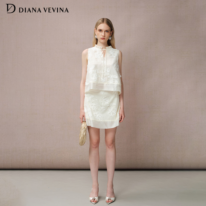 【李曼同款】DIANAVEVINA2025夏季新款时尚套装女刺绣马甲半裙