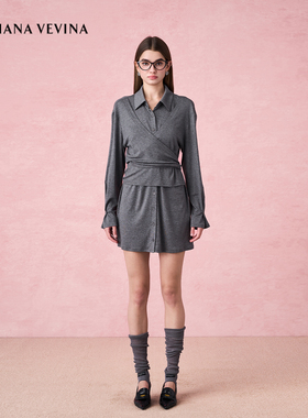 DIANA VEVINA秋季新款灰色假两件衬衫裙简约修身休闲女连衣裙