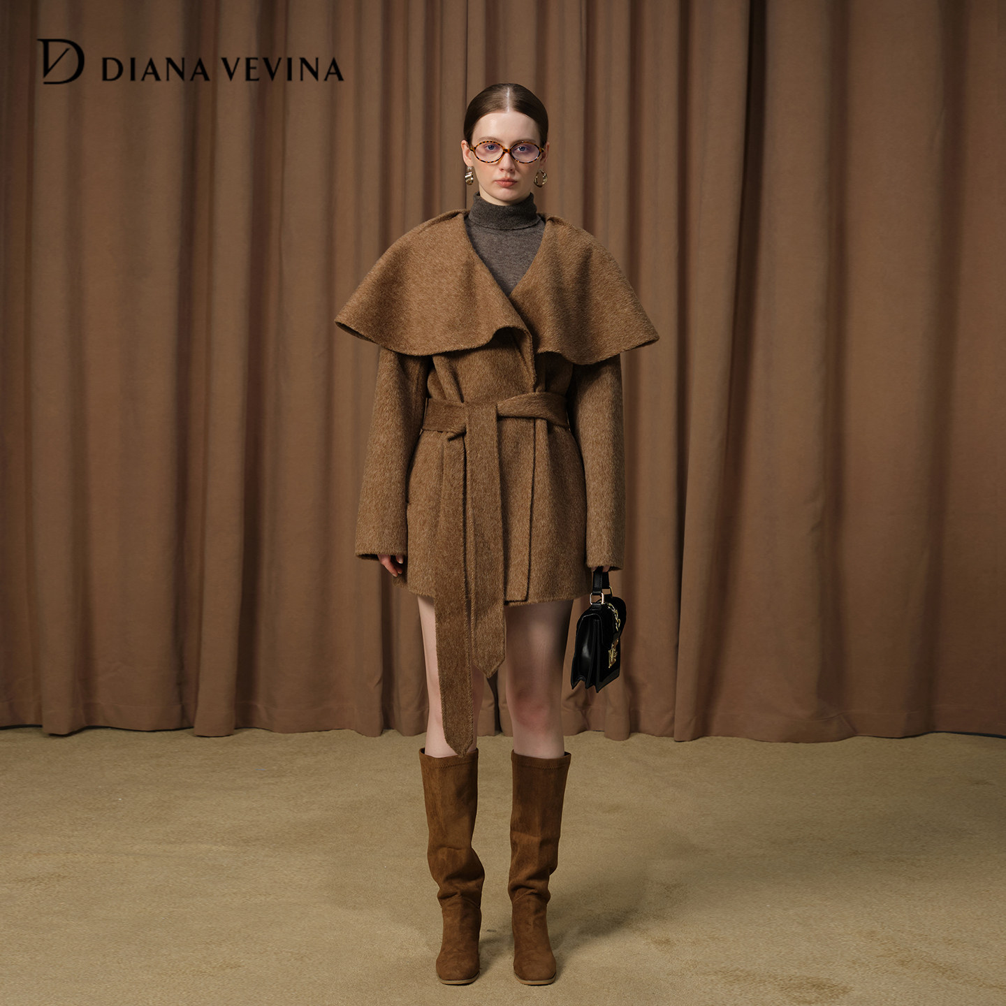 DIANAVEVINA秋冬新款双面毛呢大衣短女翻领收腰简约宽松外套