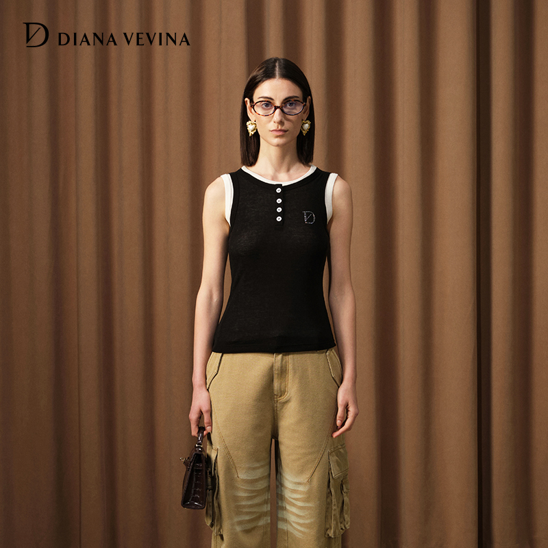 字母烫钻撞色叠穿背心