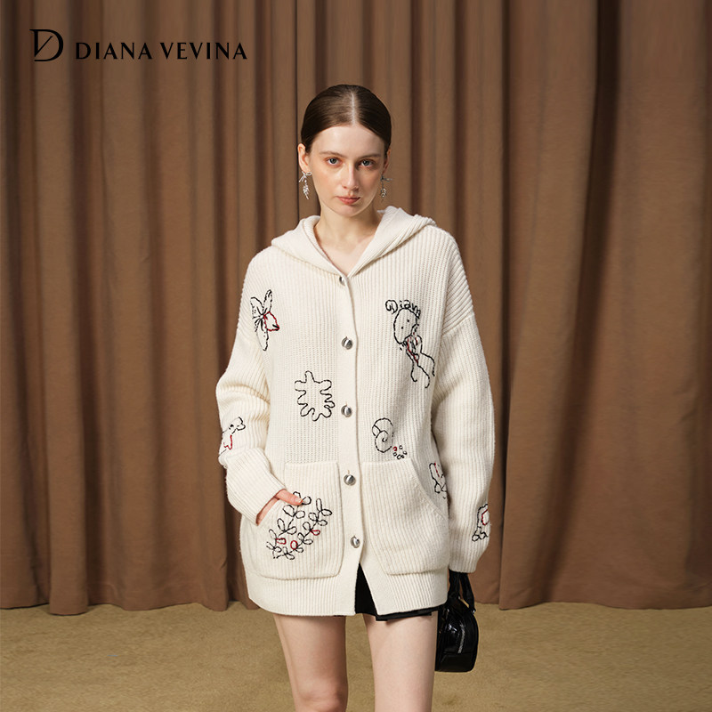 DIANAVEVINA冬新款绵羊毛海洋元素手工刺绣连帽宽松毛衣针织开衫