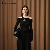 VEVINA秋季 新款 花朵连衣裙天丝针织料修身 DIANA 一字肩长袖 长裙