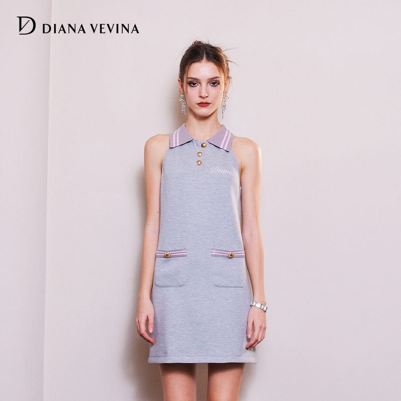 DIANA VEVINA字母绣花无袖空气层Polo领连衣裙甜辣秋新款裙子