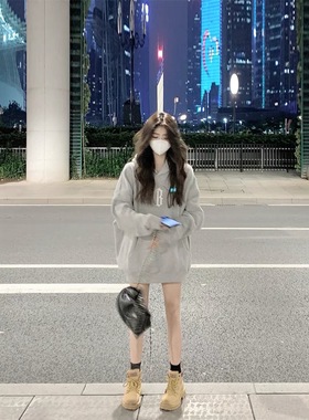 潮牌美式复古连帽卫衣灰色百搭宽松100%纯棉春秋薄款下衣失踪女