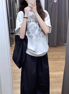 盐系设计感小众灰色短袖t恤女100%纯棉圆领正肩美式复古宽松上衣