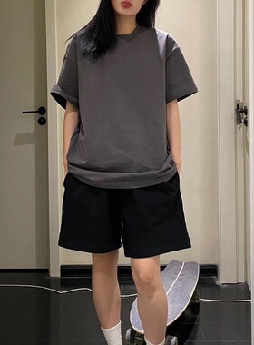 盐系穿搭深灰色短袖t恤女oversize宽松大版女大童2025夏季ins上衣