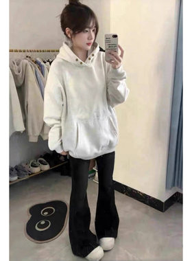 纯棉重磅白灰色纽扣连帽卫衣女宽松慵懒风2025秋冬加绒加厚上衣