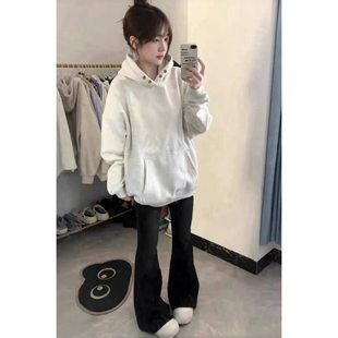 纯棉重磅白灰色纽扣连帽卫衣女宽松慵懒风2025秋冬加绒加厚上衣