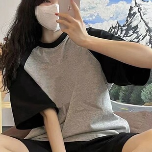 美式复古插肩短袖t恤女宽松oversize慵懒风设计感小众半袖ins上衣