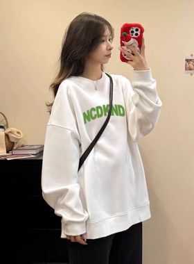 纯棉白色圆领卫衣女薄款宽松早秋装bf新款韩版无帽加绒外套ins潮