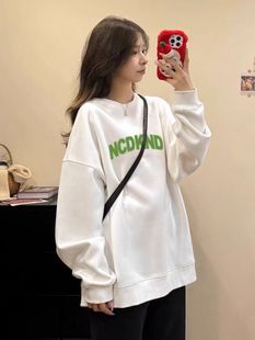 纯棉白色圆领卫衣女薄款宽松早秋装bf新款韩版无帽加绒外套ins潮