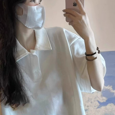 白色polo领短袖t恤女学院风上衣