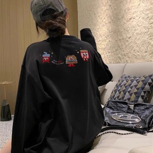 纯棉黑色设计感小众长袖t恤女宽松慵懒风2025正流行新款内衬上衣