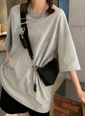 100%纯棉灰色短袖t恤女夏季新款爆款oversize宽松大版设计感上衣