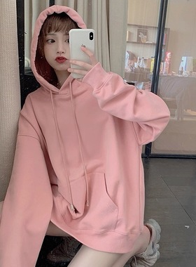 超好看可爱风粉色连帽卫衣女宽松oversize松弛风2025春秋新款上衣