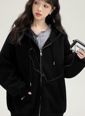 2025春秋薄款新款慵懒风黑色连帽卫衣纯棉外套女美式宽松开衫上衣