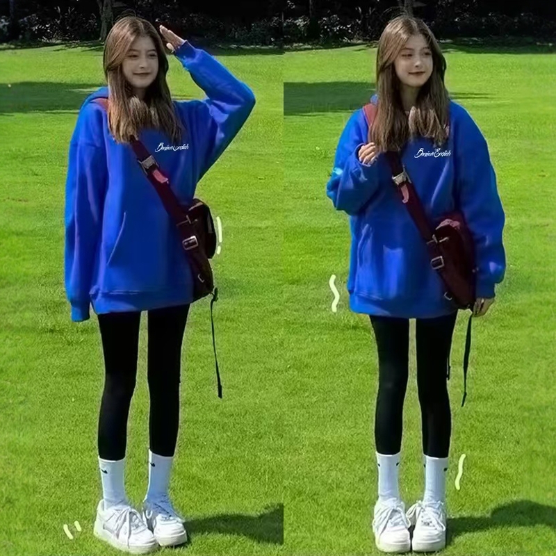 别致新款连帽卫衣女克莱因蓝上衣