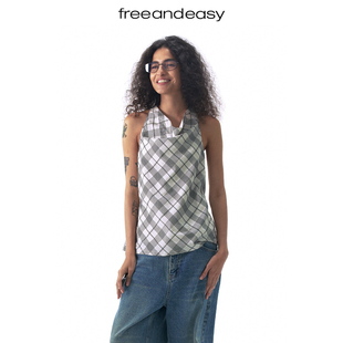 FAE 挂脖荡领吊带背心夏季 嘿 格纹无袖 休闲格子上衣 去玩呀