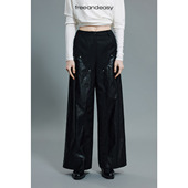 小众设计感黑色宽松西装 裤 Space 拼皮铆钉休闲长裤 FAE Keep