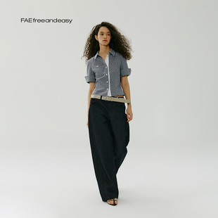 细格翻袖 棉质衬衣短袖 衬衫 修身 44共和 夏季 弹力休闲上衣 FAE