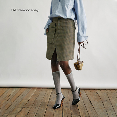 美拉德格纹立体袋气质五分裙