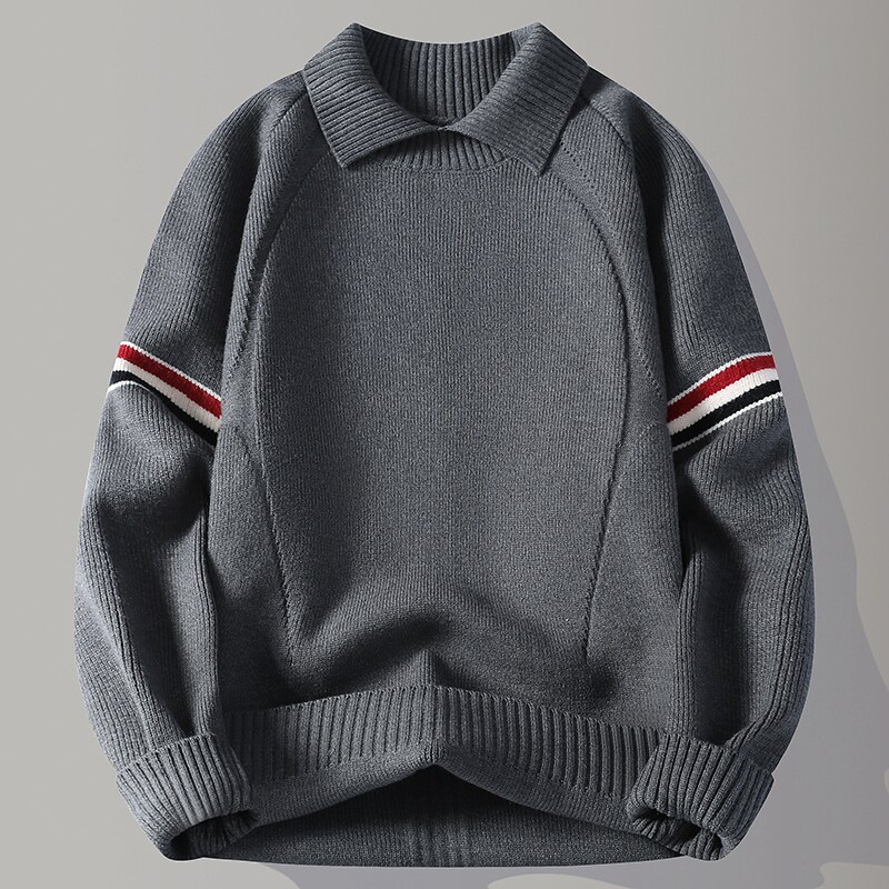 重磅休闲翻领针织毛衣青少年男款灰色保暖宽松高级感学院风男毛衣