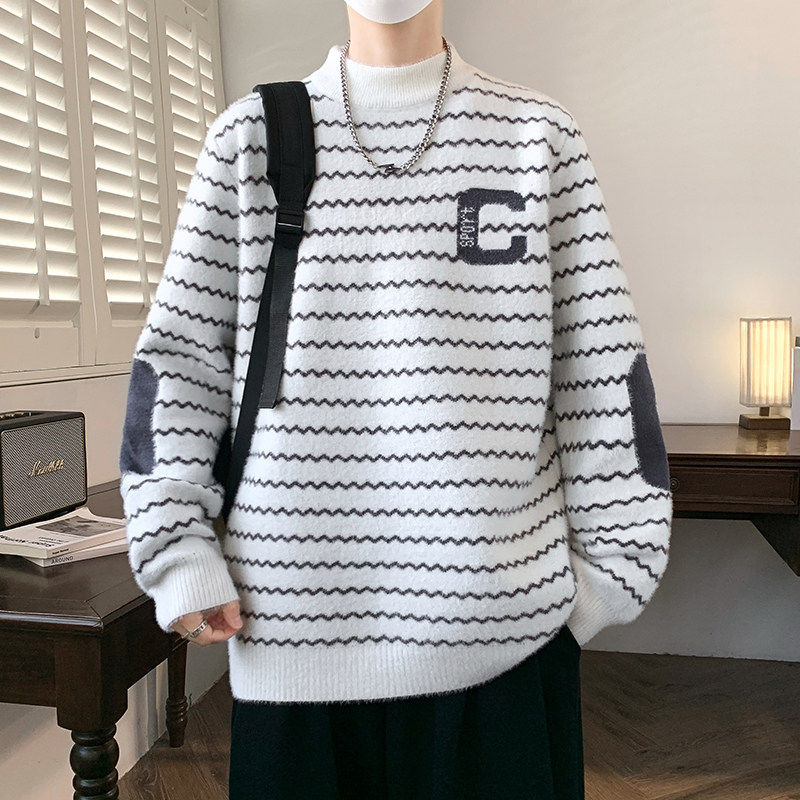 冬季上新内搭青少年条纹毛衣撞色圆领加厚保暖男生学院风针织衫