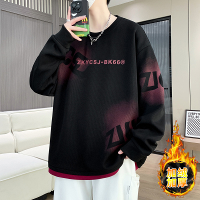 2025新上款黑色字母印花圆领卫衣男加绒加厚青少年学生潮流上衣