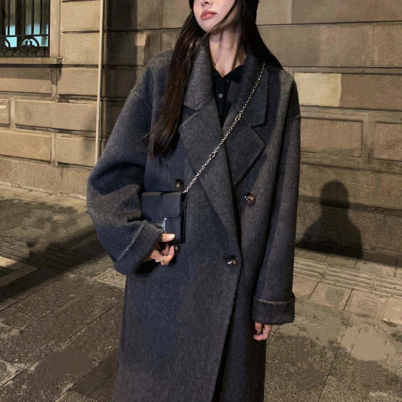 黑灰色双面羊绒大衣女2025秋冬新款中长款韩系高级感羊毛呢子外套