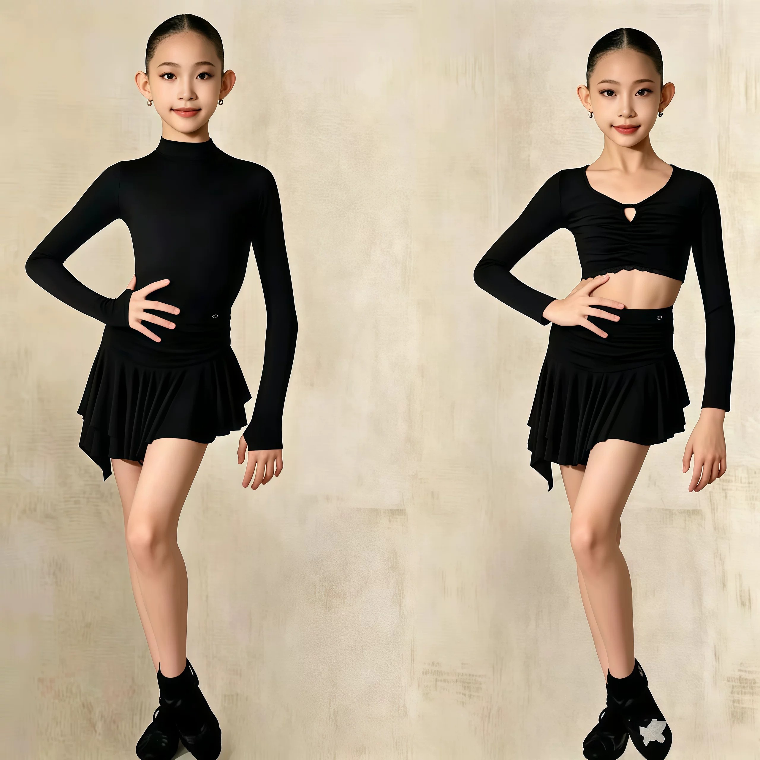 2026秋新款女童拉丁舞服露背长袖不规则荷叶边短裙日常训练服班服