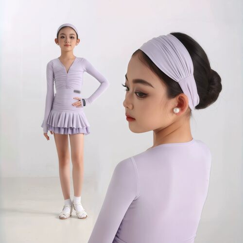 新女童拉丁舞长袖V领百褶裙套装