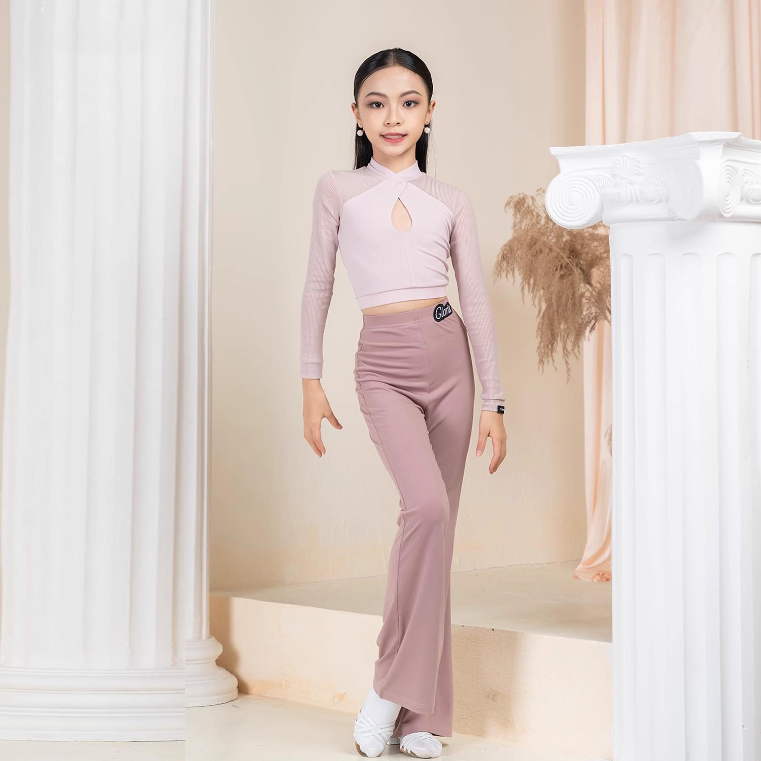 冬季新款拉丁艺考服儿童网纱交叉扭结长袖修身微喇长裤舞蹈练功服,运动/瑜伽/健身/球迷用品,拉丁舞练习套装,淘宝优惠券,粉丝福利购,淘宝优惠卷