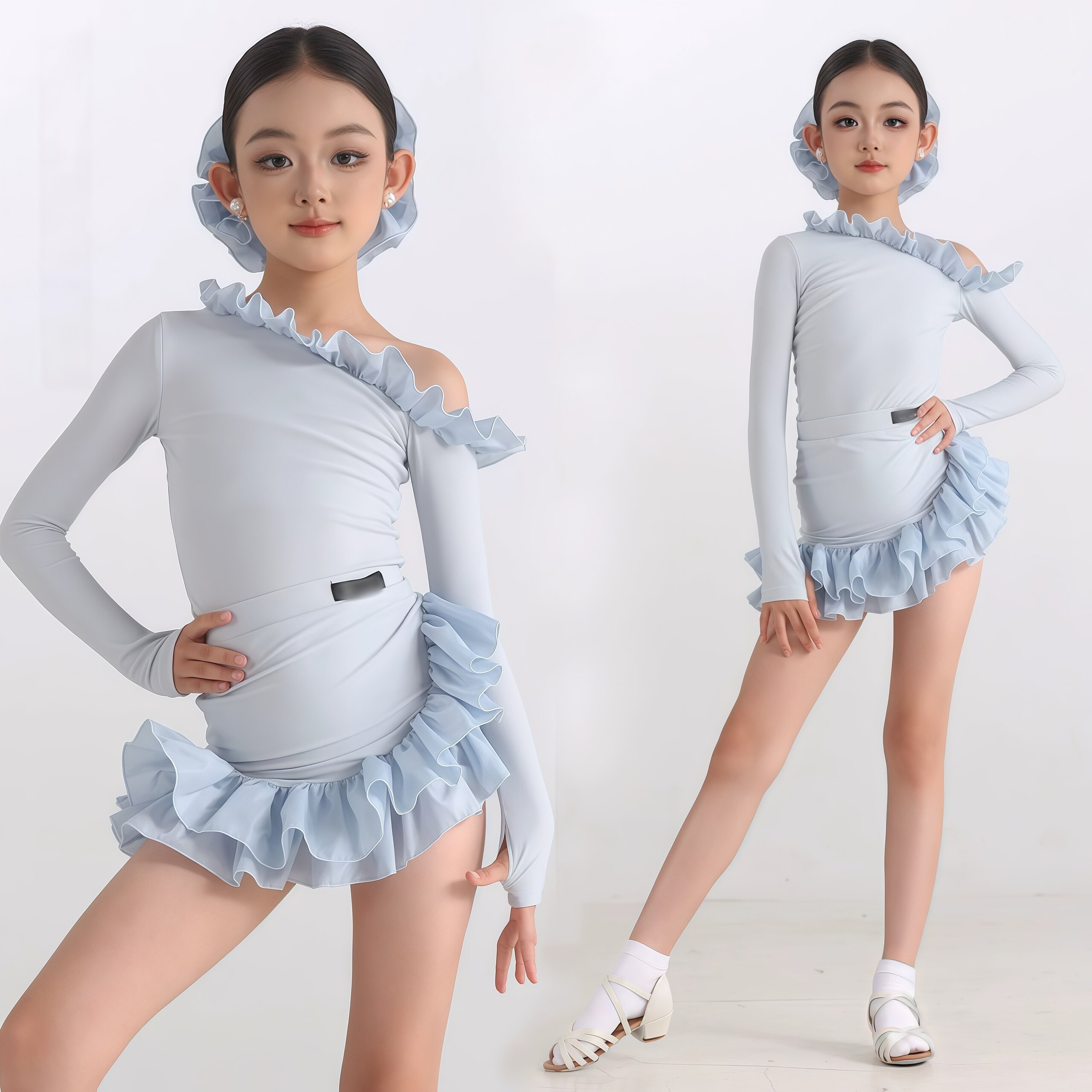 2026新款女童拉丁舞练习服高级斜肩长袖连体上衣荷叶边包臀短裙