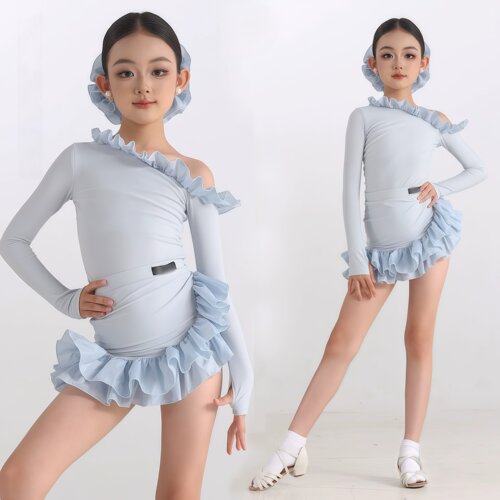 女童拉丁斜肩长袖荷叶边裙练习服