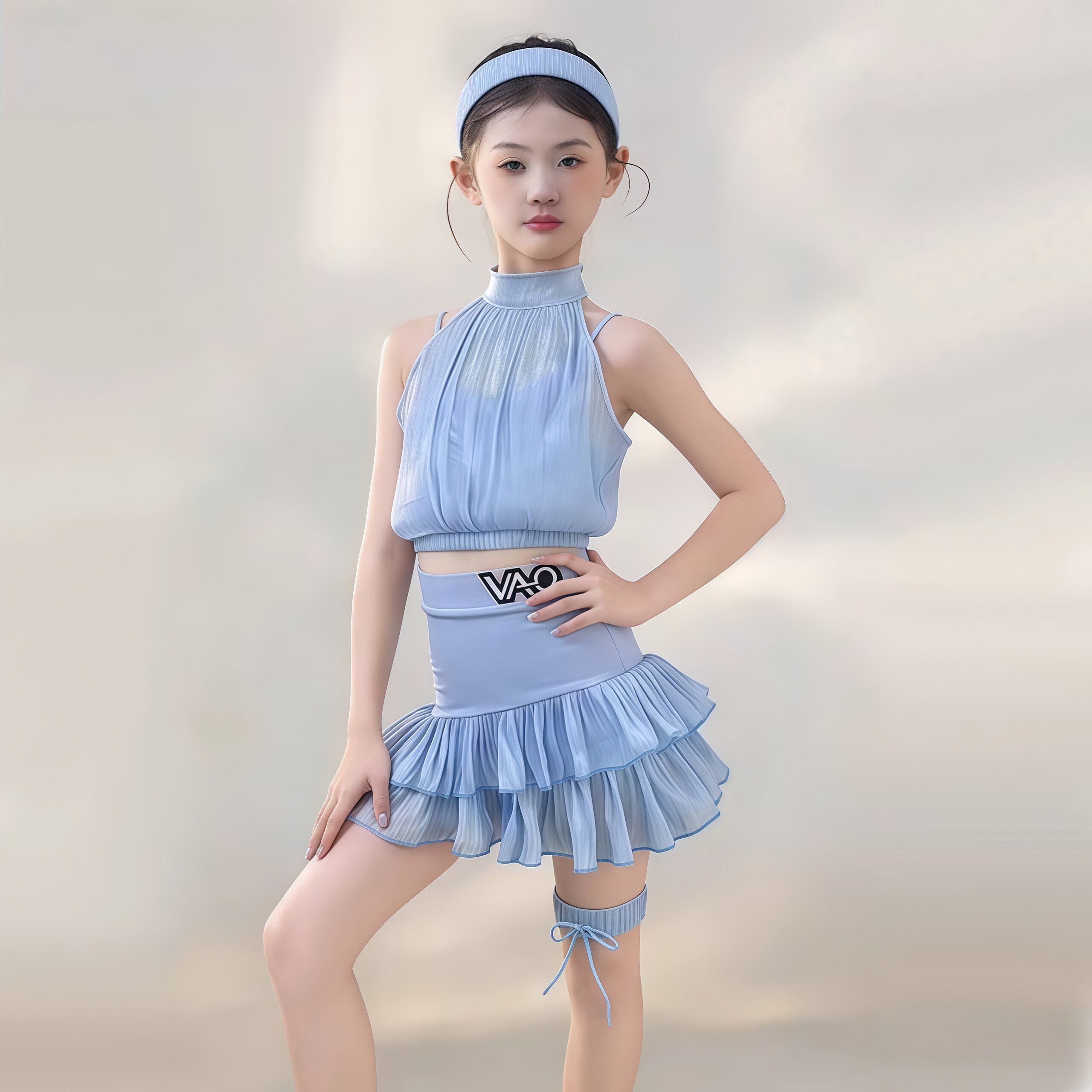 2026夏季新款拉丁舞服高级感无袖短上衣蓝色蛋糕裙女童练习表演服