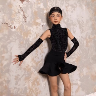 冬季新款女童拉丁舞练习服高级感绝美闪钻高领连体上衣鱼骨大摆裙