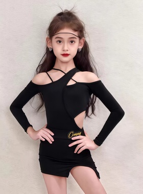 春季新款女童拉丁舞练习服长袖露肩连体上衣分体包臀开叉短裙套装