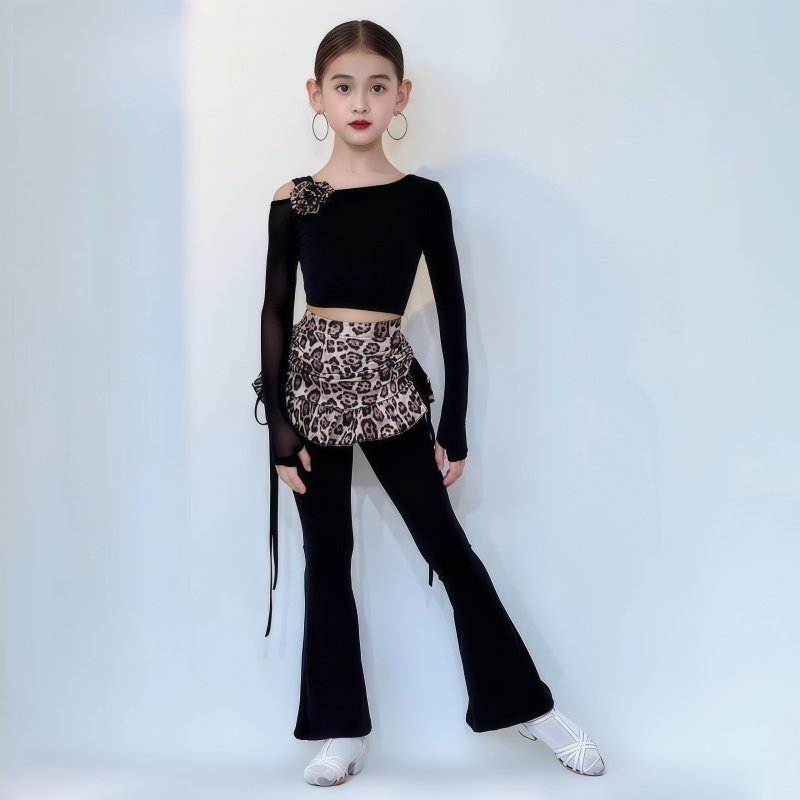 2026冬季新款女童拉丁舞服练习服露肩花朵长袖上衣豹纹喇叭长裤,运动/瑜伽/健身/球迷用品,拉丁舞练习套装,淘宝优惠券,粉丝福利购,淘宝优惠卷