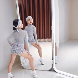 2026冬季女童拉丁舞新款高级感长袖灰色亮片毛毛裙子练习演出套装