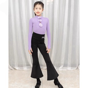 冬新款女童拉丁舞服演出服三朵花高领长袖上衣高腰修身长裤套装