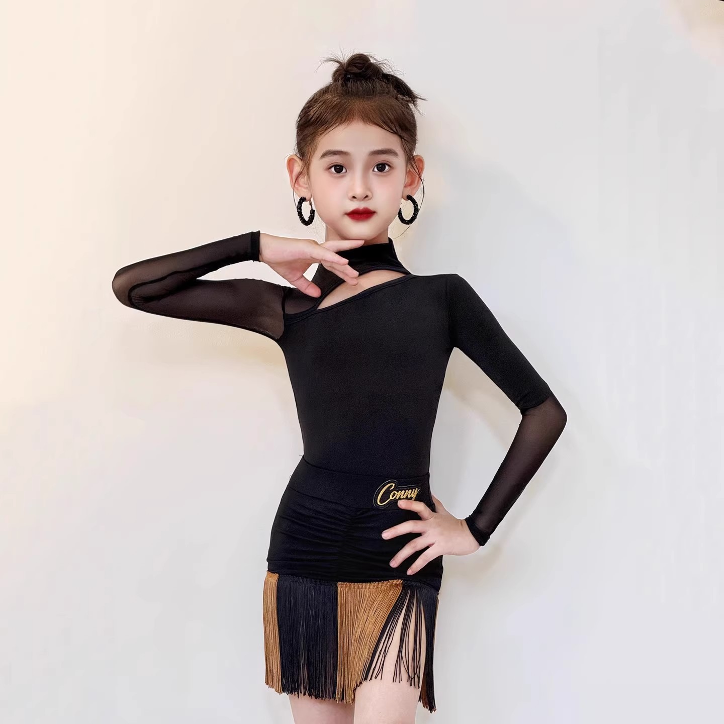 秋冬女童拉丁网纱长袖上衣半身裙