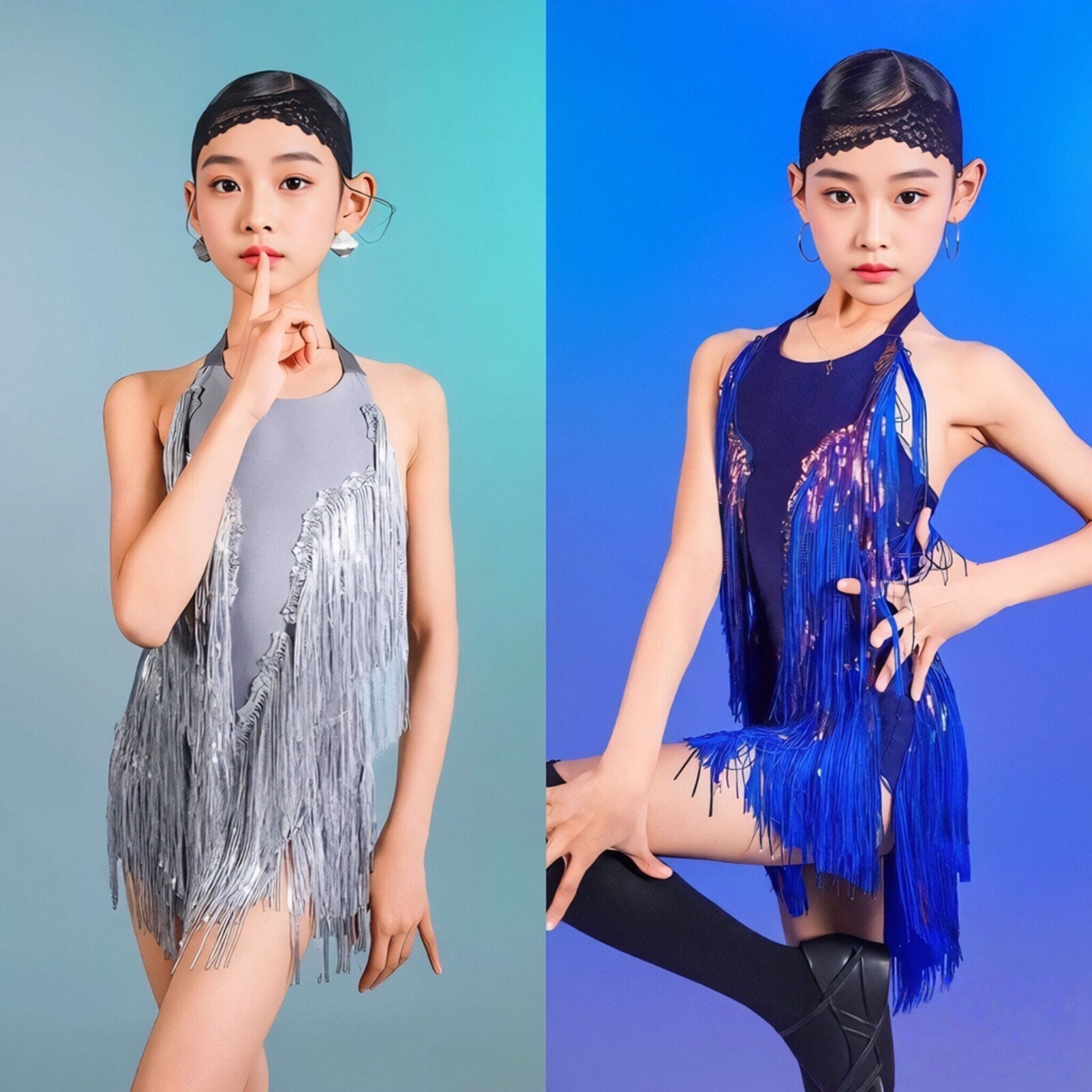 FZS悠悠同款女童拉丁舞高级挂脖流苏亮片拼接连体裙艺考演出服