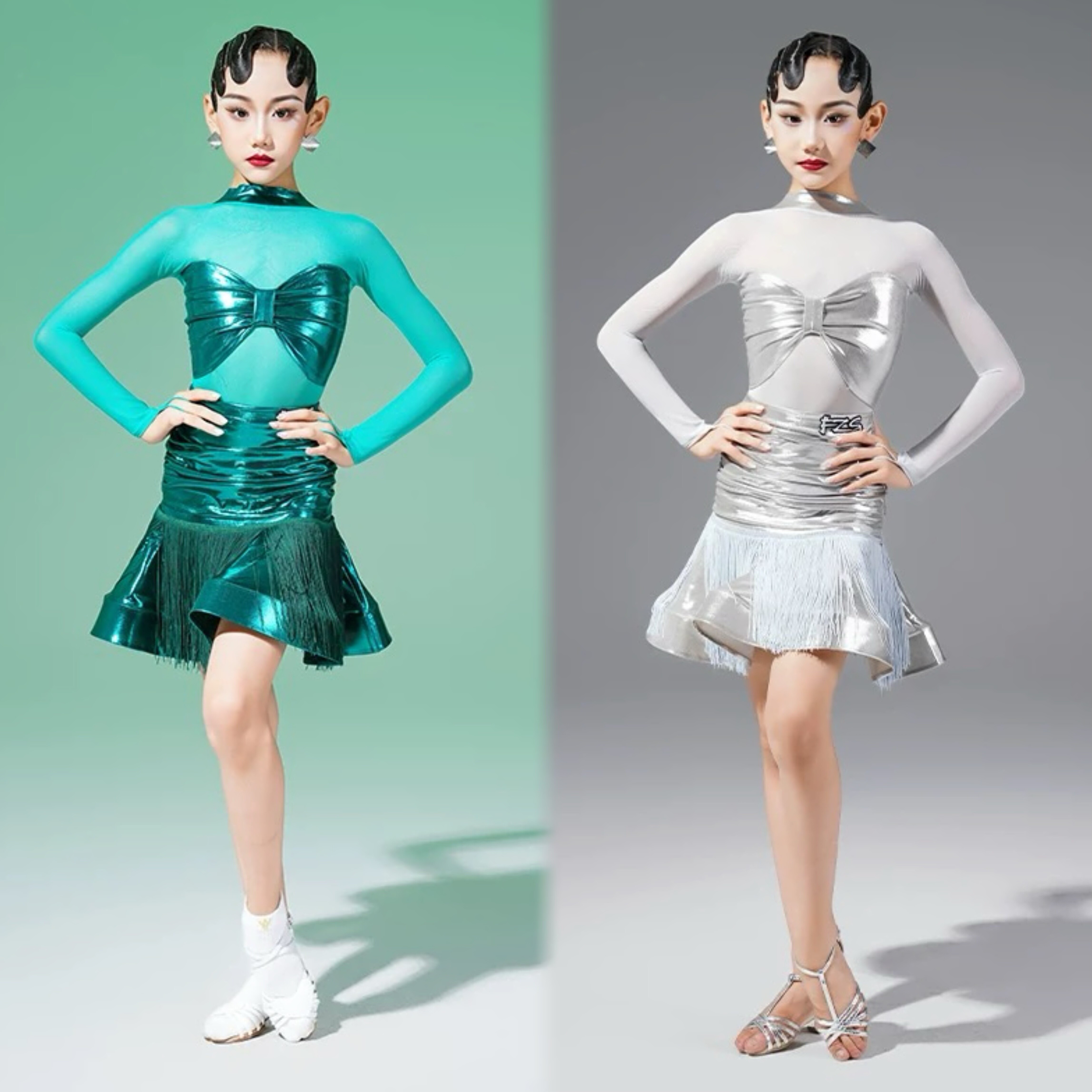 秋冬女童拉丁长袖烫金网纱流苏裙