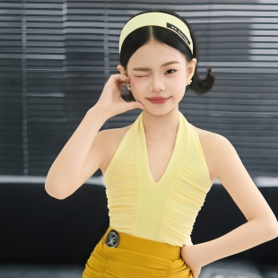 星辰同款少儿拉丁舞轻氧女孩儿童夏季挂脖吊带褶皱练功服分体套装