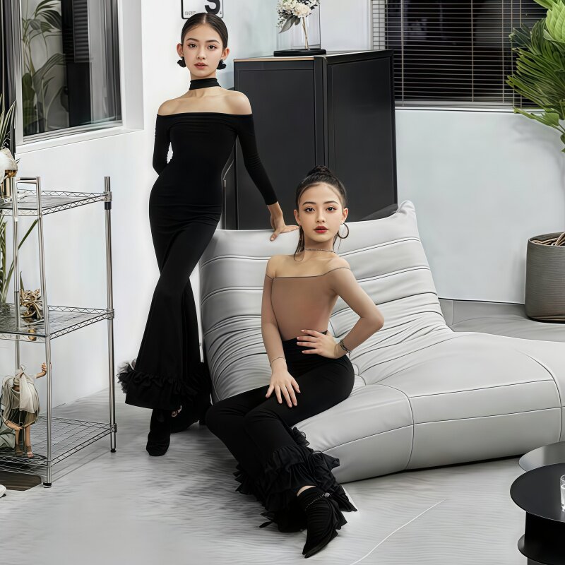 冬季新款舞服拉丁舞女童高贵露肩长袖显白色修身喇叭裤分体演出服,运动/瑜伽/健身/球迷用品,拉丁舞练习套装,淘宝优惠券,粉丝福利购,淘宝优惠卷