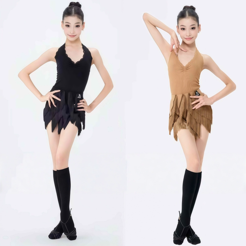 女童拉丁舞服V领无袖上衣流苏裙