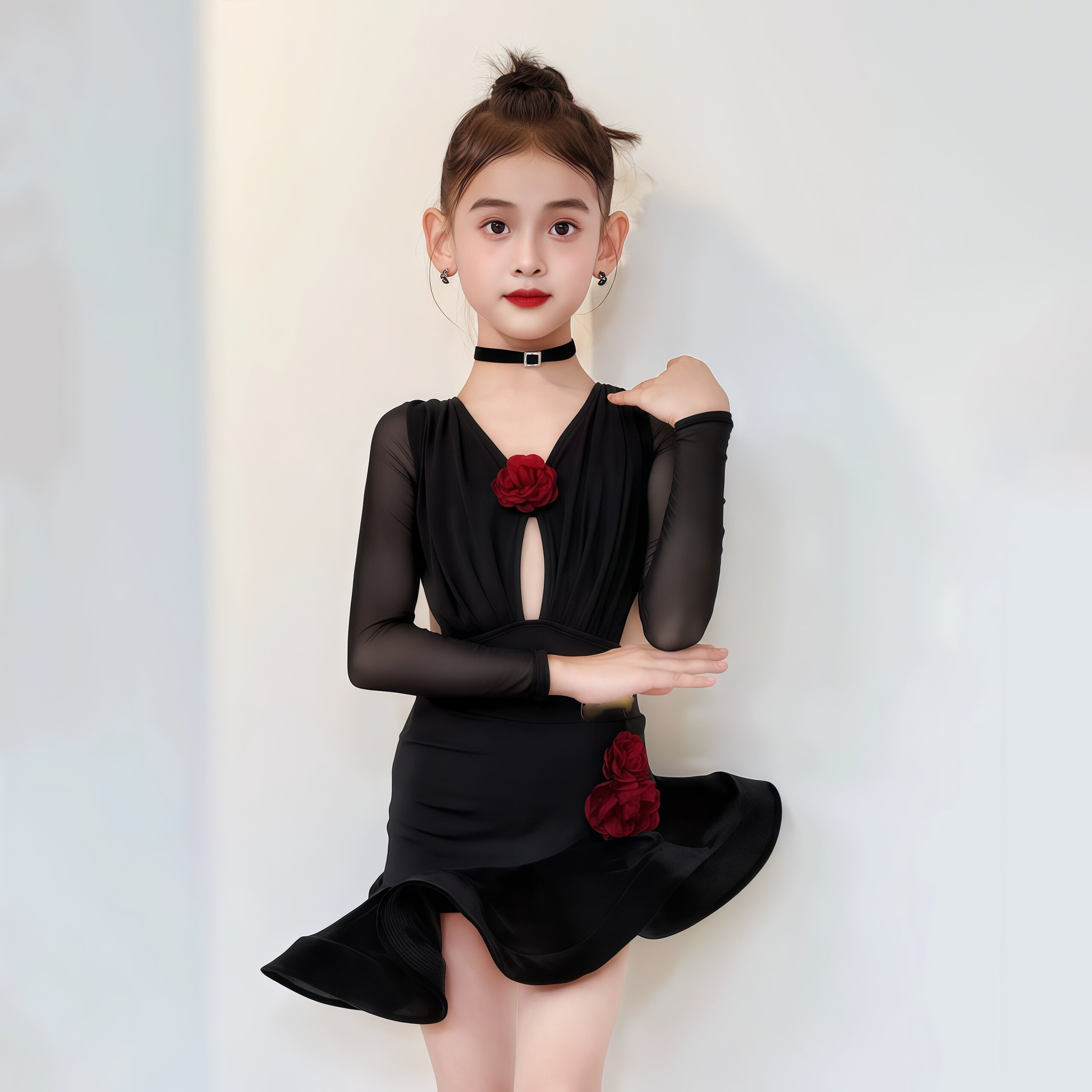 秋季新款少儿拉丁舞服女童长袖镂空上衣分体鱼骨裙训练表演服套装