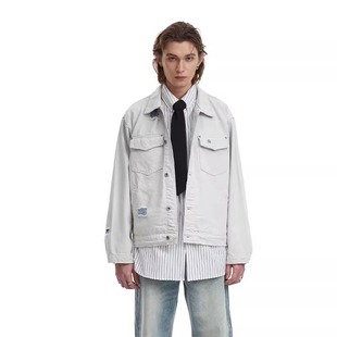 FERLEBACH美式 复古破洞水洗牛仔外套男宽松街头潮牌夹克青年秋季