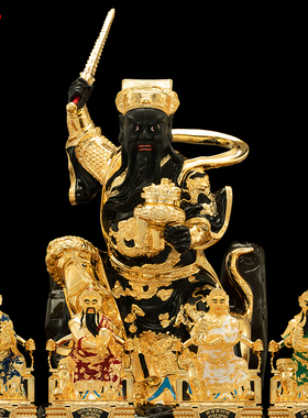 摆件纯铜鎏金五路财神真君神像